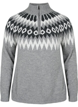 Jacquardmønstret strikbluse med høj hals og lynlås, Dark Grey Mel. Comb, Packshot image number 0