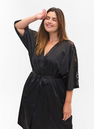 Morgenkåbe med blonder, Black, Model image number 2