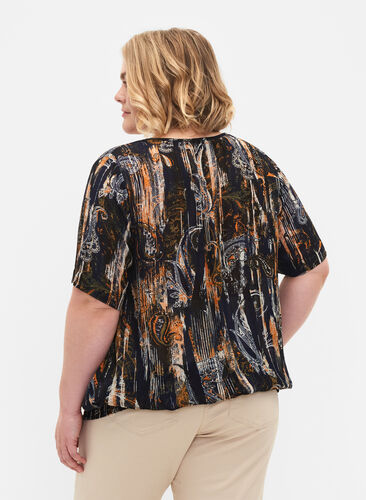 Kortærmet bluse i viskose med smock, Navy Blazer AOP, Model image number 1