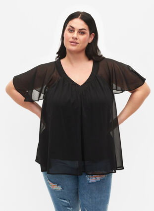 Ensfarvet bluse med flagermusærmer og v-hals, Black, Model image number 0