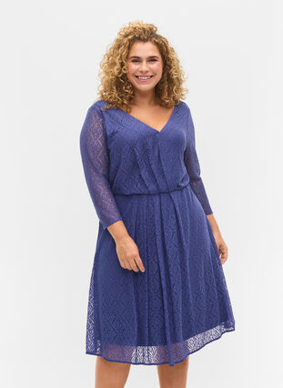 Blondekjole med v-hals og 3/4 ærmer, Deep Cobalt, Model image number 0
