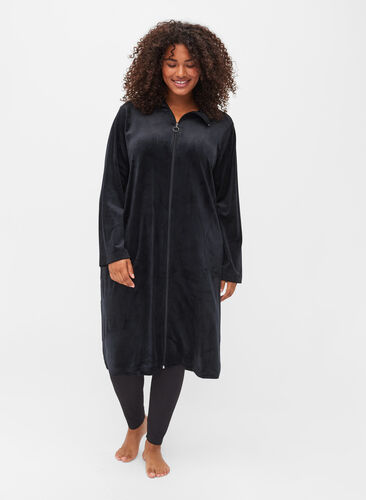 Velourkjole med lynlås og lommer, Black, Model image number 2