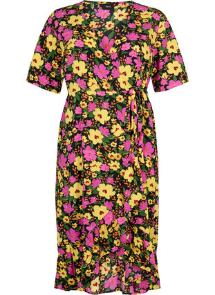 Printet wrapkjole med korte ærmer, Yellow Pink Flower, Packshot image number 0