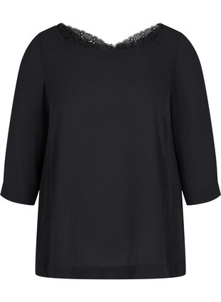Bluse med 3/4 ærmer og blonderyg, Black, Packshot image number 0