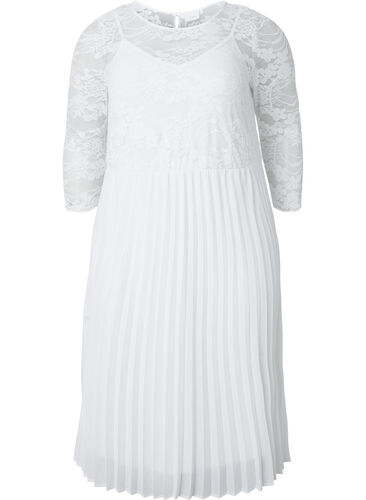 Plisseret kjole med blonder og 3/4 ærmer, Bright White, Packshot image number 0