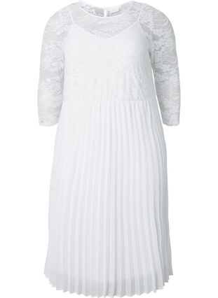Plisseret kjole med blonder og 3/4 ærmer, Bright White, Packshot image number 0
