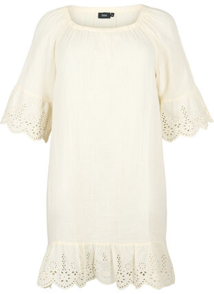 Bomuldskjole med broderi anglaise, Buttercream, Packshot image number 0