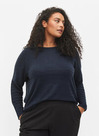 Strukturmønstret strikbluse med rund hals, Navy Blazer, Model