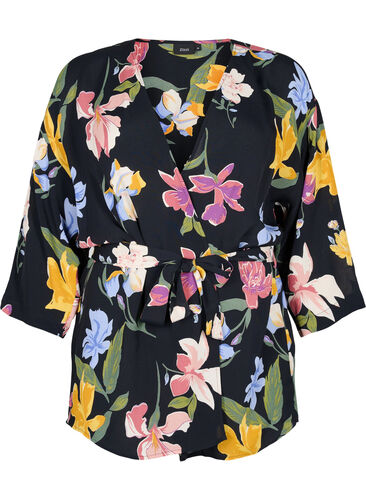 skadedyr uddrag de Blomstret kimono i viskose - Sort - Str. 42-60 - PlusLet