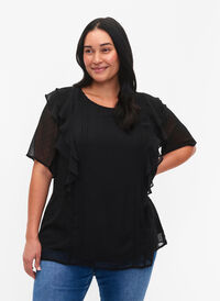 Kortærmet bluse med flæser og prikket mønster, Black, Model