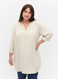 Ensfarvet tunika med v-udskæring og knapper, Warm Off-white, Model