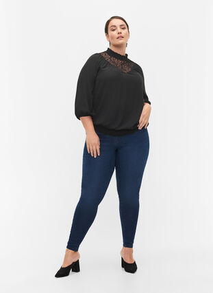 Bluse med blonder og smock, Black, Model image number 2