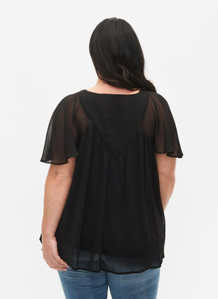 Ensfarvet bluse med flagermusærmer og v-hals, Black, Model image number 1