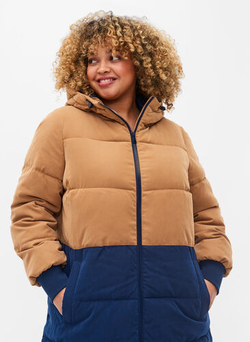 Lang vinterjakke med color-block, Tobacco Brown w/navy, Model image number 2