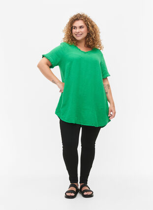 Kortærmet bomulds tunika med flæser., Bright Green, Model image number 2