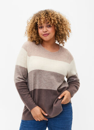 Strikbluse med rund hals og striber, Iron Mel. Comb, Model image number 0