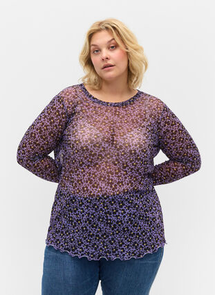 Tætsiddende mesh bluse med blomstermønster, Purple AOP, Model image number 0