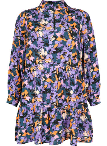 Blomstret viskose tunika med lynlås, Purple Flower AOP, Packshot image number 0
