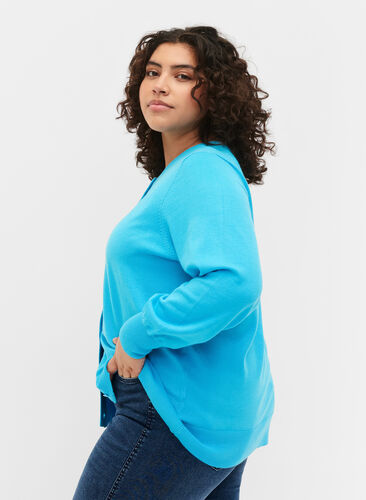 Ribbet cardigan med knaplukning, River Blue, Model image number 1