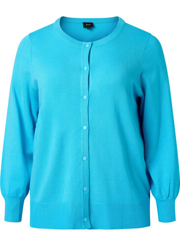 Ribbet cardigan med knaplukning, River Blue, Packshot image number 0
