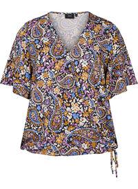 Paisley bluse med slå-om effekt og korte ærmer
