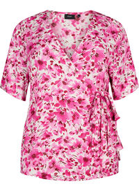 Blomstret viskosebluse med wrap