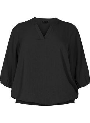 Bluse med smock og 3/4 ærmer, Black, Packshot image number 0