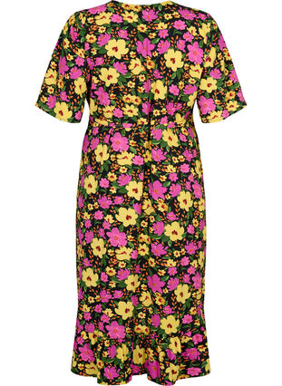 Printet wrapkjole med korte ærmer, Yellow Pink Flower, Packshot image number 1
