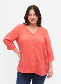 Viskose bluse med knapper og v-hals, Deep Sea Coral, Model