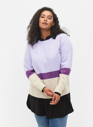 Stribet strikbluse med rund hals, Lavender Comb, Model image number 0