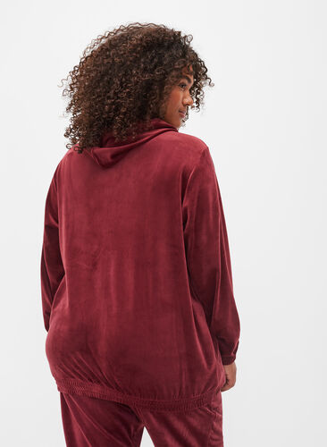 Velour cardigan med lynlås og hætte, Cabernet, Model image number 1
