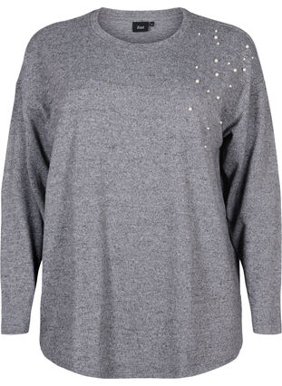 Langærmet bluse med perledetalje, Medium Grey Melange, Packshot image number 0